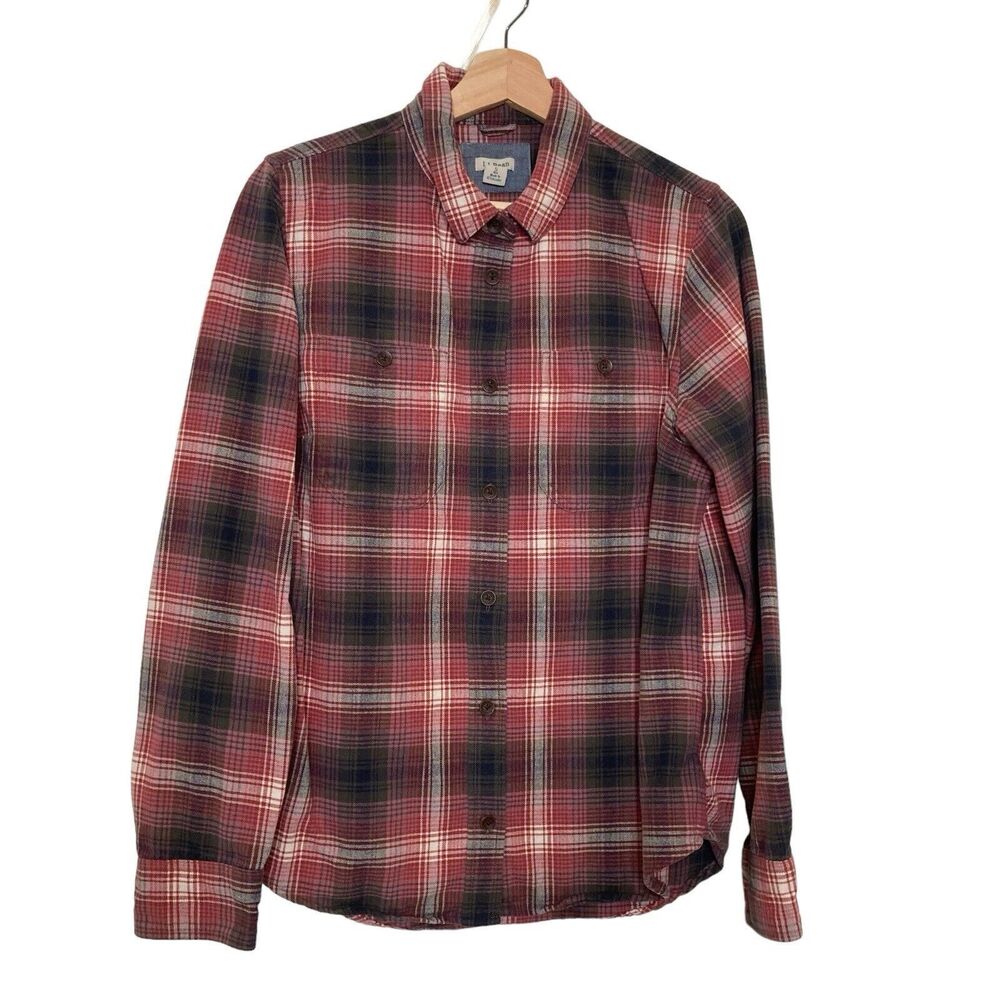 L.L. Bean Shirt Womens Small Gray Red Plaid Flannel Button Up Pocket